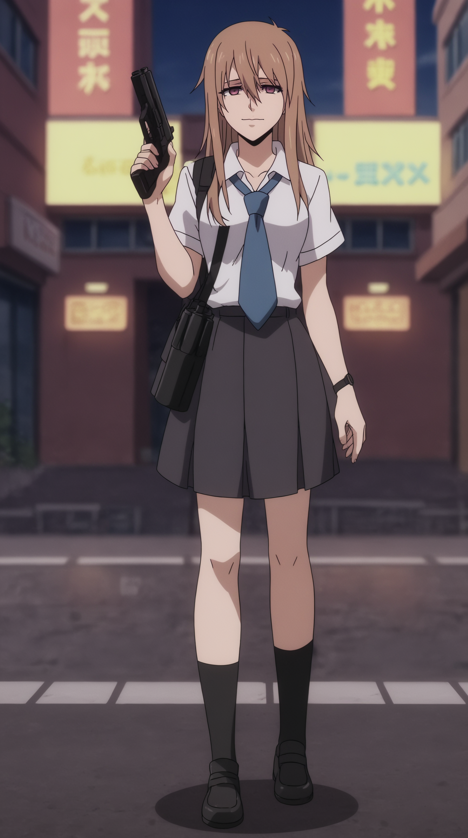 score_9, score_8_up, score_7_up,anime_source, source_anime, best background, detailed background, anime screencap, 4k, upscale,  Chinatsu, Main Outfit, solo, dark, street, handgun, holdin, trigger discipline, full body, yandere face,  <lora:JN_Chinatsu_Pony:0.8>