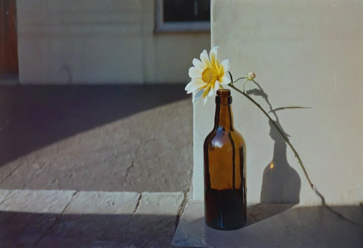 belomo_kodak_gold, instagram photo,a bottle with a flower, hard shadows, film grain