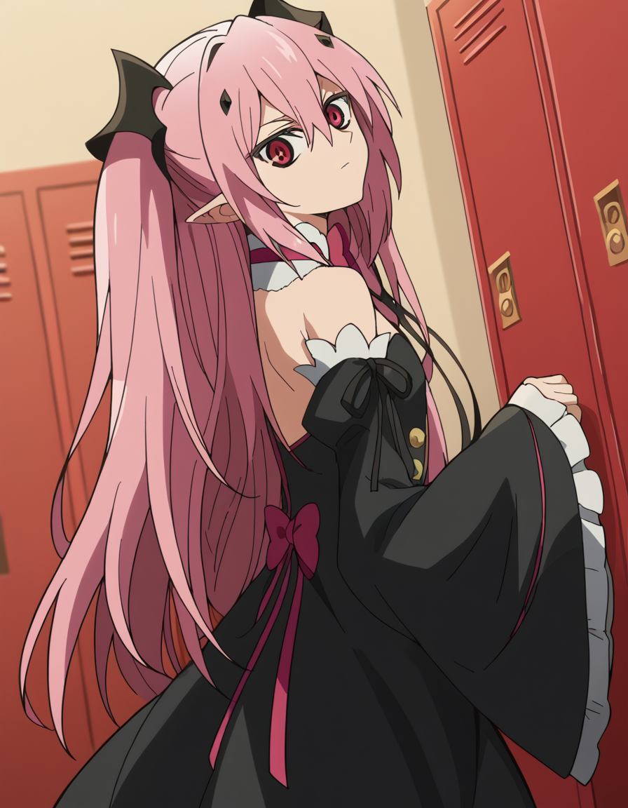 score_9, score_8_up, score_7_up, source_anime, <lora:krul-tepes-s2-ponyxl-lora-nochekaiser:1>, krul tepes, long hair, red eyes, pink hair, pointy ears, hair ornament, anime screencap, dress, bare shoulders, detached sleeves, wide sleeves, detached collar, black dress, bowtie,, changing room, lockers, benches, clothes, privacy, , <lora:shaft-look-ponyxl-lora-nochekaiser:1>, shaft look, looking back, from behind, head tilt,, looking at viewer, solo,, dutch angle, cowboy shot