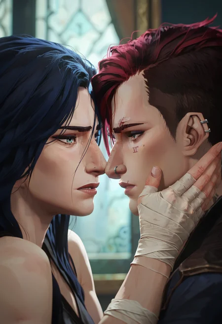 score_9, score_8_up, score_7_up,
<lora:Arcane:1> arc4n3,
vi, (((league of legends))), 2girls, multiple girls, caitlyn, bandages, short hair, looking at another, red hair, nose piercing, yuri, piercing, eye contact, bandaged hand, tattoo, long hair, black hair, undercut, closed mouth, blurry background, hand on another's face, blue hair