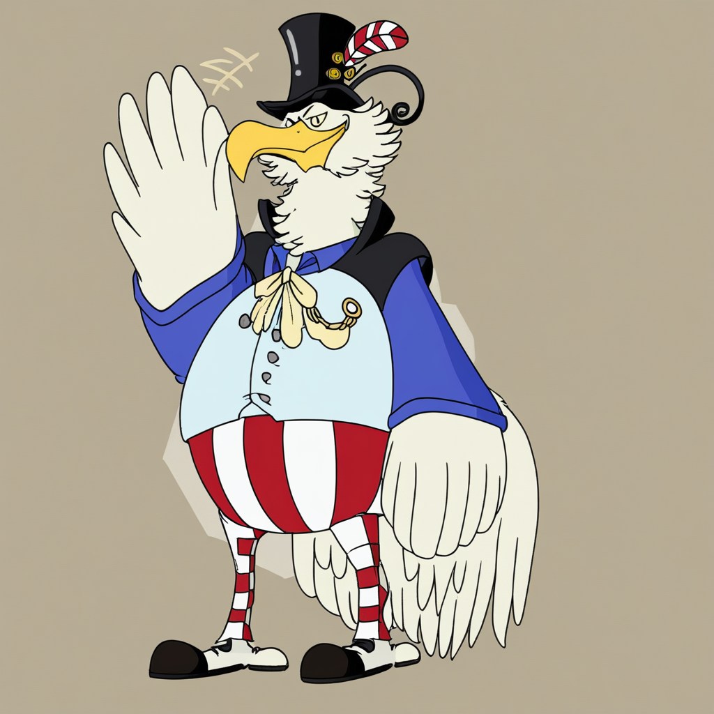 Big News Morgans, Anthro Bird, White Feathers, Yellow Beak, Tophat, Waving, Smiling,