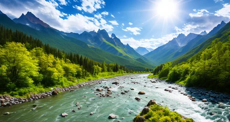 detailed background, masterpiece, best quality, scenery, mountains, river, forest, sun, day, clouds