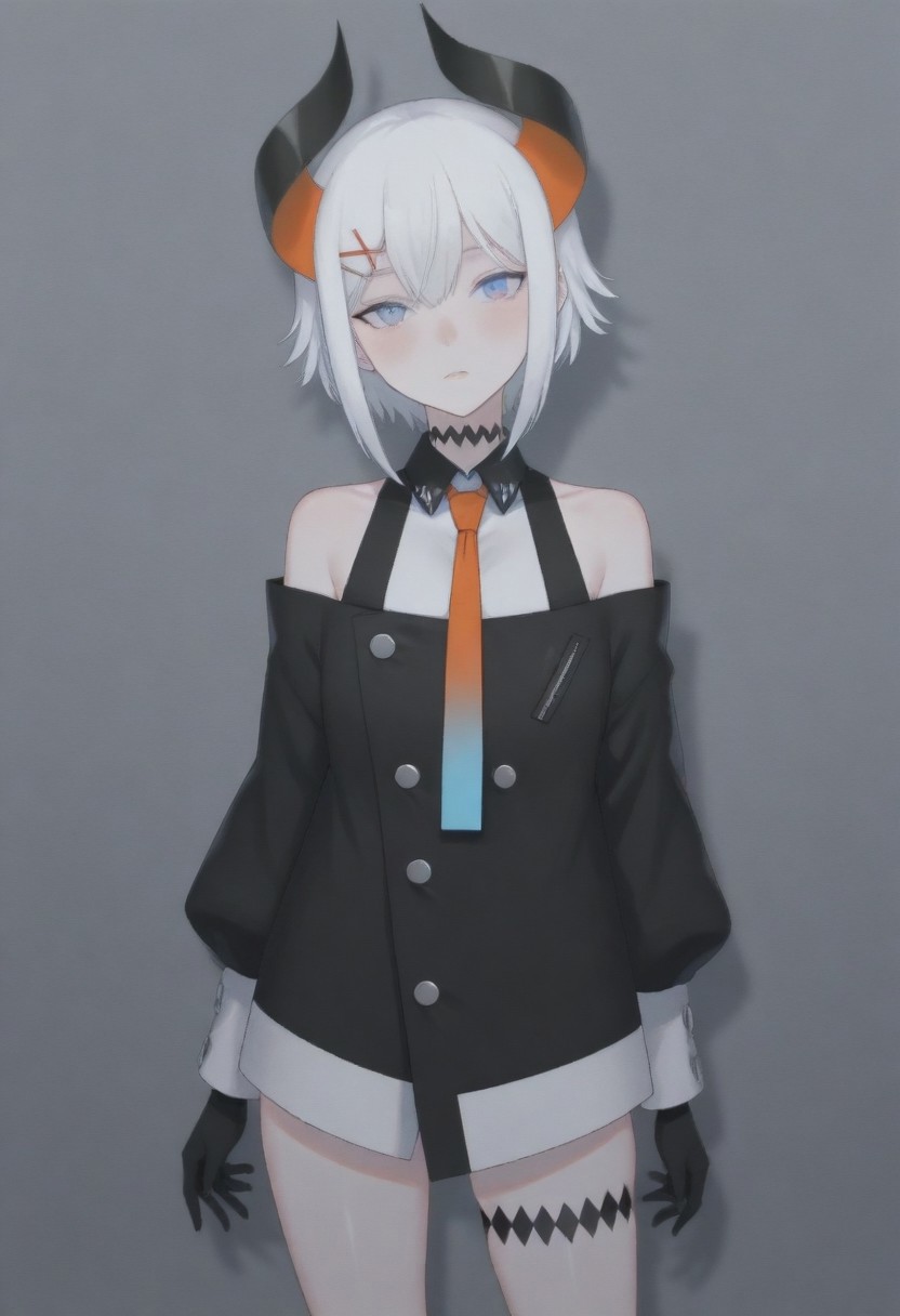 masterpiece, best quality, amazing quality,,, shiny skin,,,,,,,,nijilevi,,blue eyes,white hair,horn,pail skin,short hair,hairclip,nijilevicos,collared shirt,bare shoulder,gradient necktie,puffy long sleeves,white cuffs,black gloves,single thigh strap,