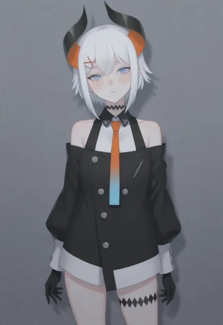 masterpiece, best quality, amazing quality,,, shiny skin,,,,,,,,nijilevi,,blue eyes,white hair,horn,pail skin,short hair,hairclip,nijilevicos,collared shirt,bare shoulder,gradient necktie,puffy long sleeves,white cuffs,black gloves,single thigh strap,