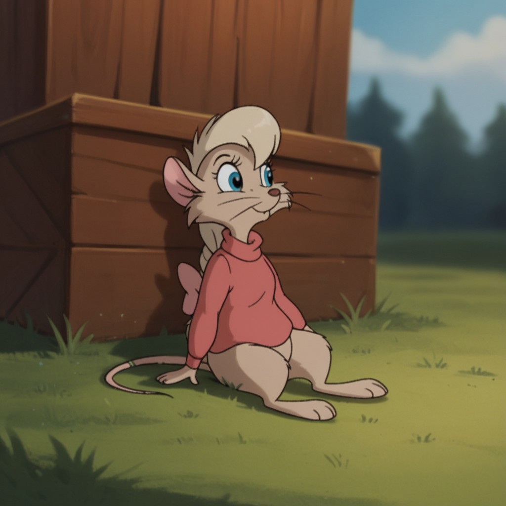 score_9, score_8_up, score_7_up, score_6_up, score_5_up, score_4_up, source_furry, jennynimh2, semi-anthro, female, mouse, brown fur, ponytail, pink sweater, long sleeves, blue eyes, outside, sitting, in the grass, pink  bow, solo, 1girl