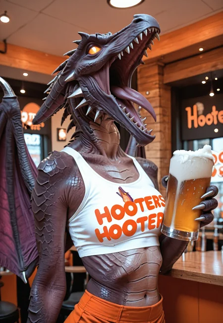 masterpiece,best quality,amazing quality, realistic, photorealism,1girl, solo,r1dl3y, dragon, thin, skinny,purple wings, non-mammal breasts, colored sclera, roaring, wearing hooters outfit, holding beer, hooters restaurant background