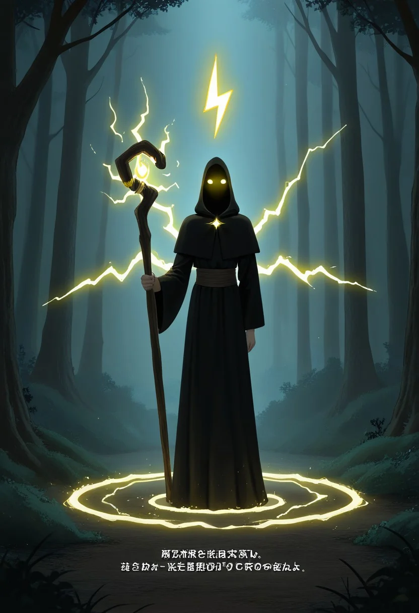 A cinematic image of a darkly beautiful sorceress standing in a mystical forest, bathed in the light of a swirling magic portal. She holds a wooden staff, the top of which emits a glowing yellow lightning bolt. The staff's side displays the inscription 'Buzz Donations' in bold, glowing text running along the side of the staff, prominently placed just below the lightning bolt and facing the viewer, creating a dramatic, cinematic scene.