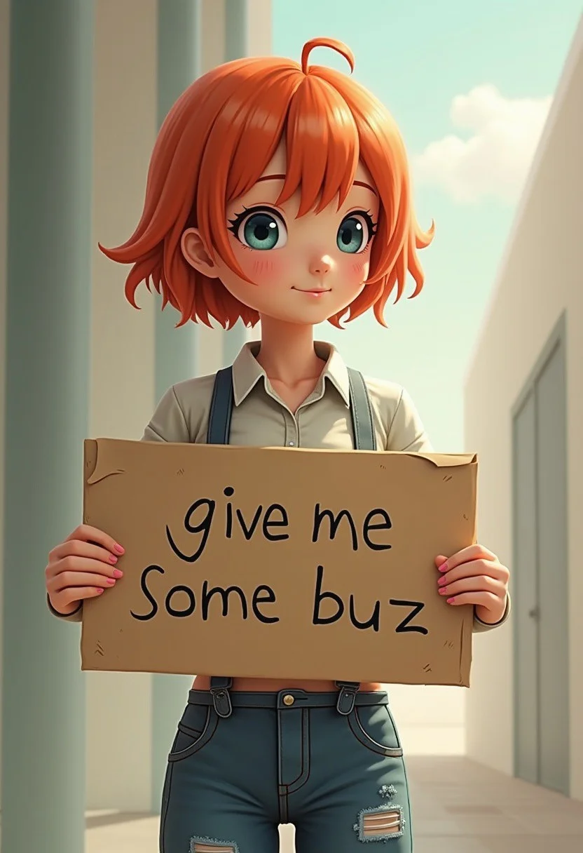 very cute short android 18 hair woman holding a sign "give me some buzz ", realistic