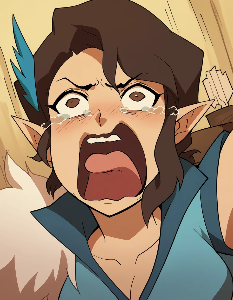 score_9, score_8_up, score_7_up, source_anime, <lora:vexahlia-ponyxl-lora-nochekaiser:1>, vexahlia, short hair, brown hair, black hair, hair ornament, pointy ears, brown eyes, medium breasts,, <lora:crying-aqua-ponyxl-lora-nochekaiser:1> crying aqua, crying aqua (meme), screaming, crying, crying with eyes open, tears, tongue, open mouth,, , dutch angle, cowboy shot