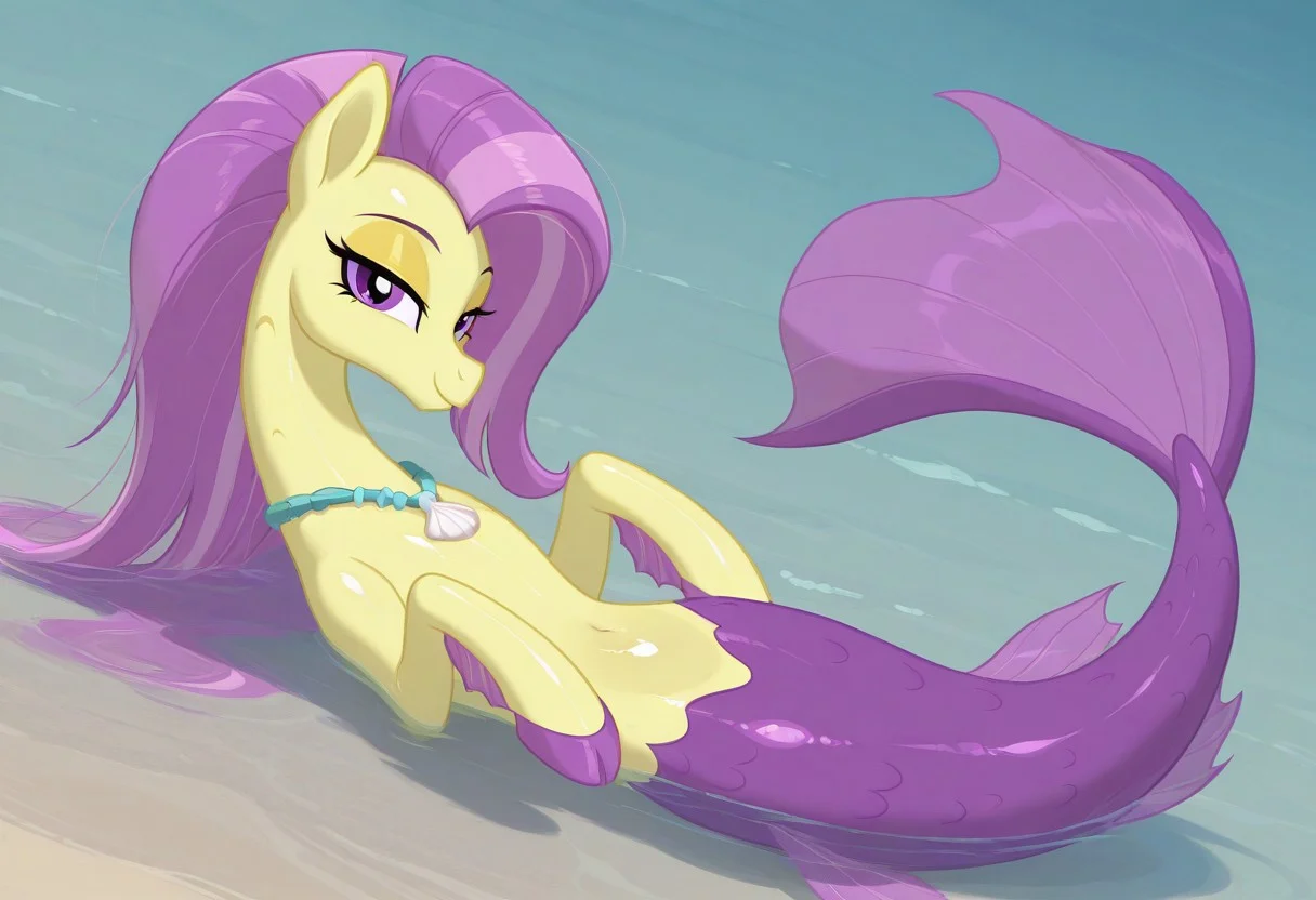(masterpiece:1.2), (best quality:1.2), (very aesthetic:1.2), (absurdres:1.2), (detailed background), newest, sharp focus, perfect light, dynamic light, natural light, (best quality), my little pony, ocean flow, solo, water, purple eyes, 1girl, shell necklace, jewelry, no humans, purple hair, yellow skin, fins, looking at viewer, lidded eyes, yellow eyeshadow, dutch angle, shiny skin, glossy skin, shiny hair, glossy hair, full body, lying on back, beach, in water, siren, hippocampus, mermaid tail