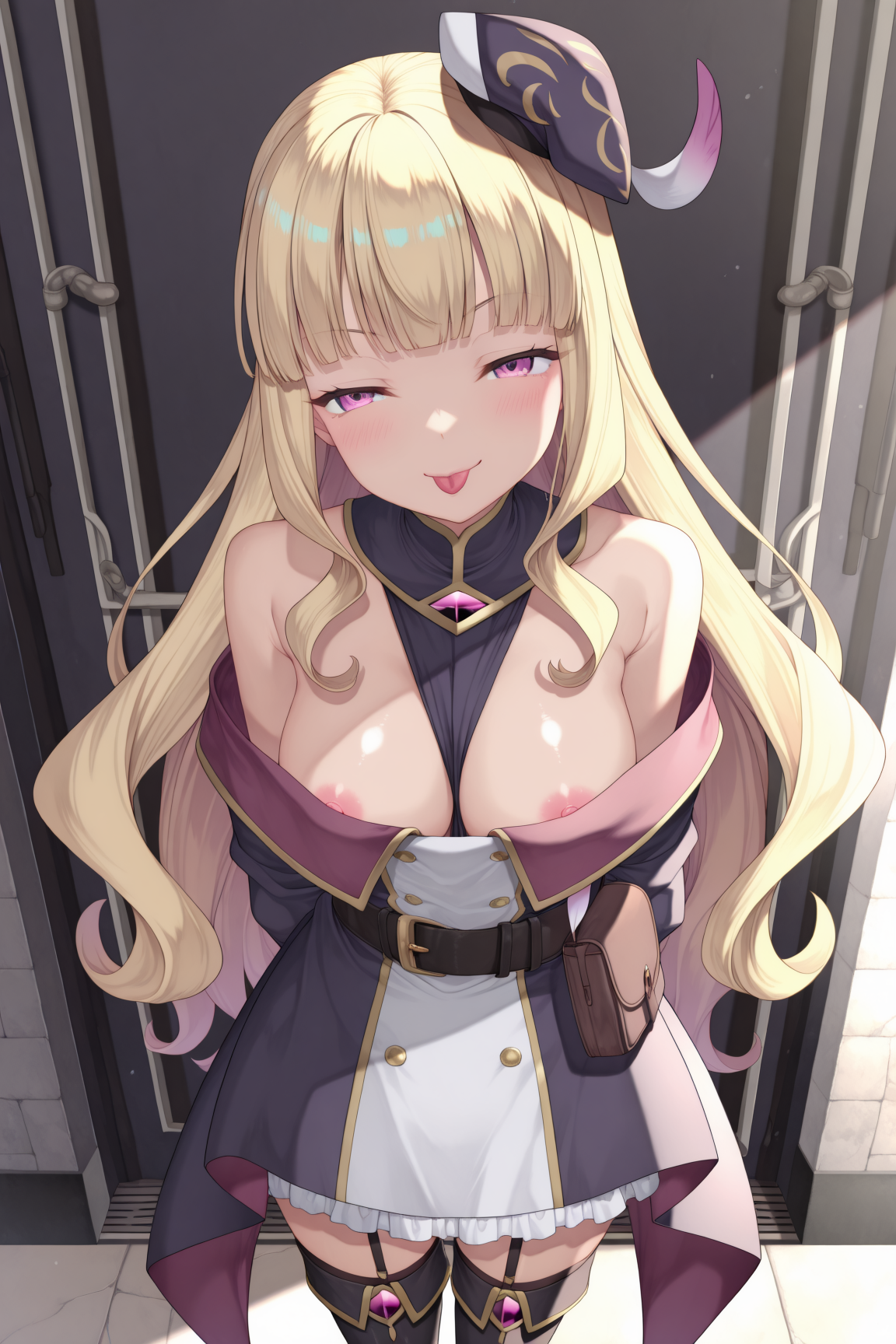 lucy_diamond, long_hair, blunt_bangs, hat, purple_headwear, purple_eyes, pink_eyes, large_breasts, topless, black_thighhighs, thigh_boots, garter_straps, belt, belt_pouch, 
