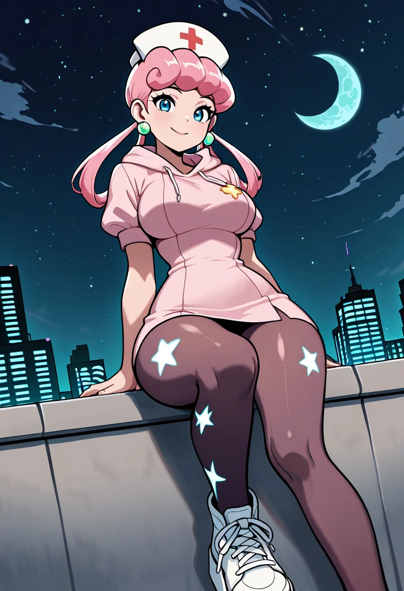 masterpiece, best quality, solo, curvy, beautiful eyes, narrow waist, wide hips, 1girl, solo, smile, looking at viewer, dynamic angle, foreshortening, close up,    zzNurseJoy, blue eyes, pink hair, long hair, hair rings, nurse cap,    ,<lora:NurseJoyPokemonIXL_v2:1.0>,[Celestial Streetwear], Oversized moon hoodie, starglyph tights, platform sneakers, alien earrings, Leaning on a rooftop at night, surrounded by cosmic city lights and a starry sky.