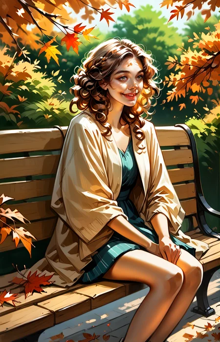 score_9_up, score_8_up, score_7_up ,masterpiece, absurdres, photorealistic, smooth skin,
cute woman, long flowing chestnut brown hair, gentle curls, serene smile, sitting on a bench in an autumn park with falling leaves
 <lora:Roxxin_Cute_Style_1.0:0.9>