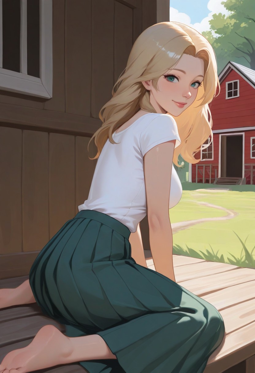 masterpiece, best quality, good quality, very aesthetic, absurdres, newest, 16K,
1girl, short, milf, medival village girl, happy, blonde hair, cute face (blue eys, nose, lips), aged body, puffy body, white blouse with short sleeves, medium breasts, green long skirt, pleated skirt, bare feet,  barn, sit, relax, day,summer,
amazing background,