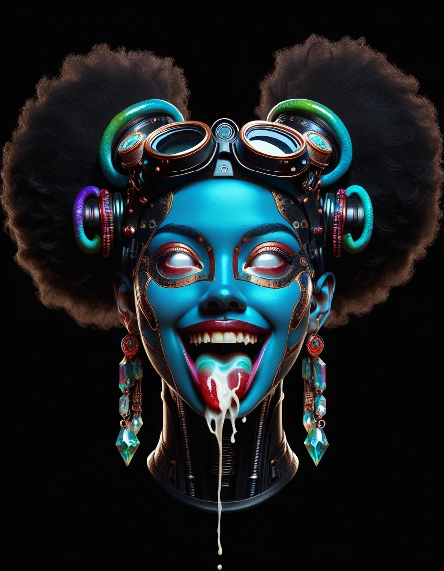 score_9, score_8_up, score_7_up, score_6_up, score_5_up, score_4_up,
 <lora:Kali_Pony-000005:0.9> kali, , white eyes,  circuitory crystal  face, smile, black background, simple background, black metal inca face , multicolored __bjahir__  hair,  hairband  with text "cum in my mouth", wearing a fashionable headgear,  tongue out, cum on tongue, mouth open, visible uvula, screaming,
tentacles, double bun, portrait, blue skin, cum, head-mounted display, smile, twintails, gem, short hair, multicolored hair, green saliva, hair bun, afro hair, gradient