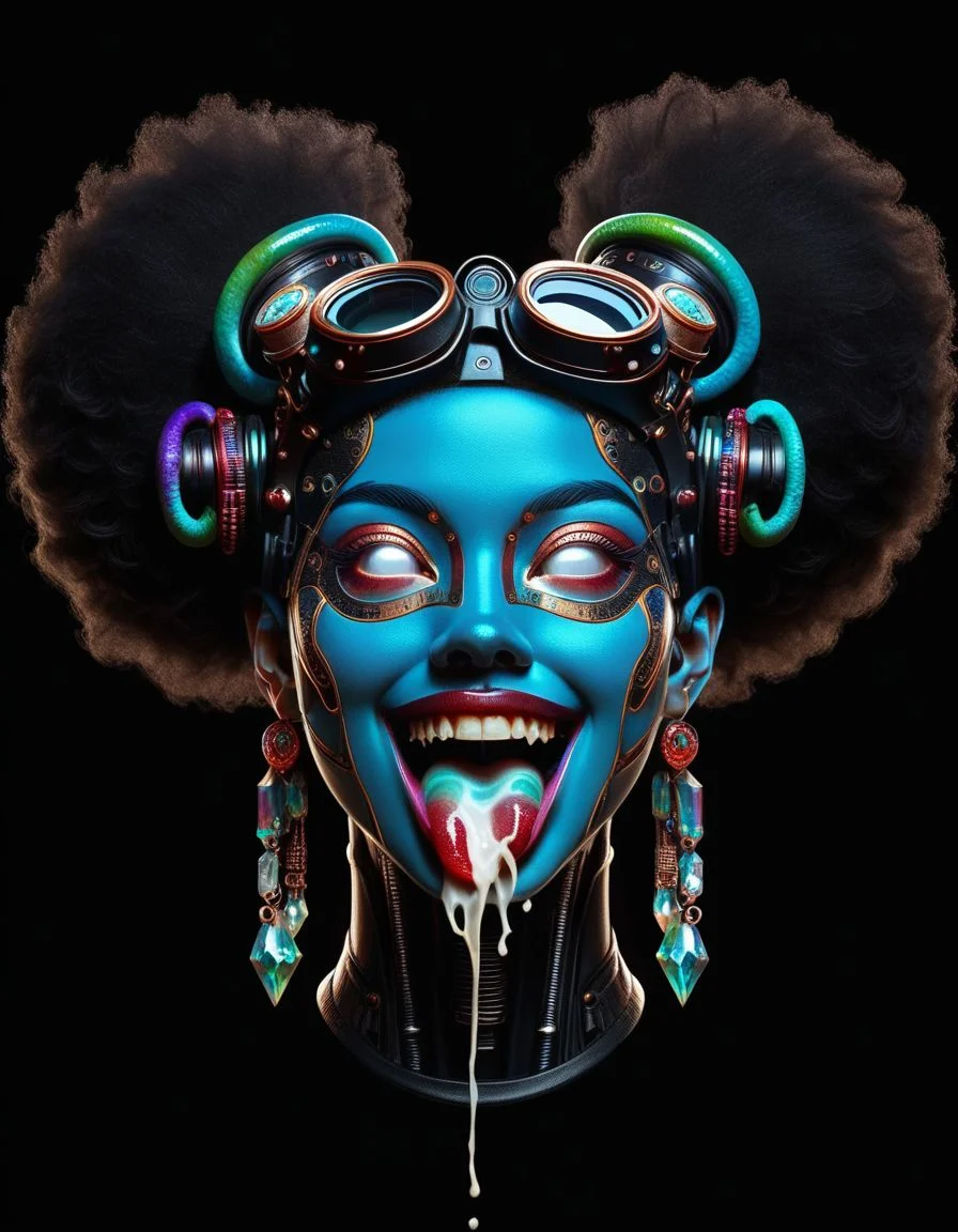 score_9, score_8_up, score_7_up, score_6_up, score_5_up, score_4_up,
 <lora:Kali_Pony-000005:0.9> kali, , white eyes,  circuitory crystal  face, smile, black background, simple background, black metal inca face , multicolored __bjahir__  hair,  hairband  with text "cum in my mouth", wearing a fashionable headgear,  tongue out, cum on tongue, mouth open, visible uvula, screaming,
tentacles, double bun, portrait, blue skin, cum, head-mounted display, smile, twintails, gem, short hair, multicolored hair, green saliva, hair bun, afro hair, gradient