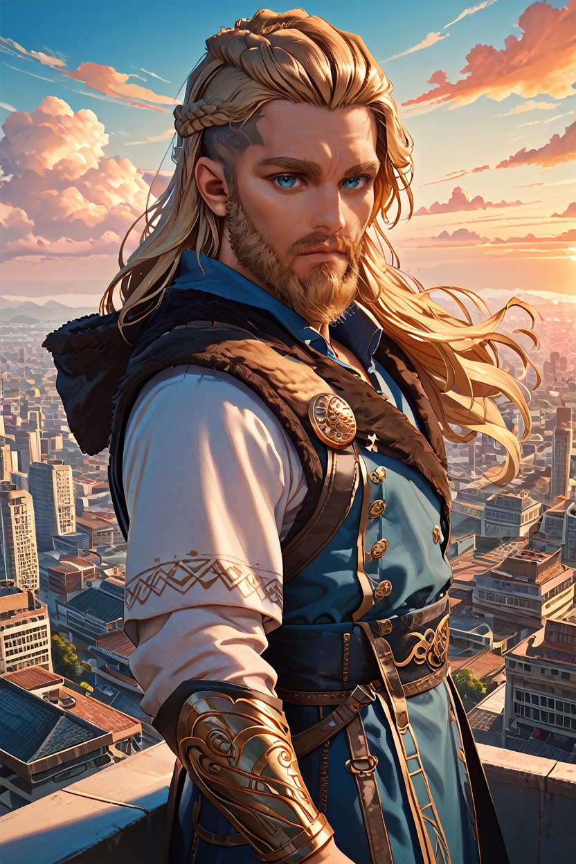 score_9, score_8_up, score_7_up, score_6_up
<lora:ACMEivor:1.0>
ACMEivor, 1boy, blonde hair, long hair, blue eyes, beard, looking at viewer, in a tailored suit, standing on a rooftop overlooking a city skyline at sunset, golden hour, wind blowing through his hair, dramatic shadows