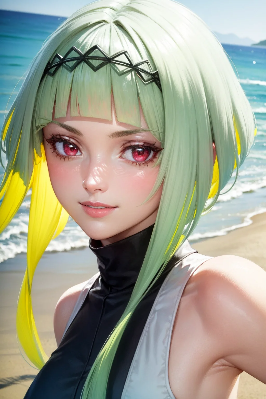 (ringo),beautiful,masterpiece, best quality, extremely detailed face,perfect lighting,smile, red eyes,sidelocks,beach,close up,outdoors,sunny,looking at viewer,(1girl:1.3) <lora:ringo:1>