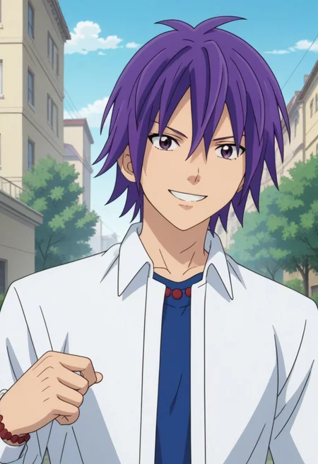 ((masterpiece)), ((best quality)), ((ultra-detailed)), score_9_up, score_8_up, score_7_up,
HD, top quality, best quality, High-quality illustrations, anime screencap, Reita Toritsuka, purple hair, hair down, purple eyes, handsome, attractive, happy, smiling, wearing white polo shirt