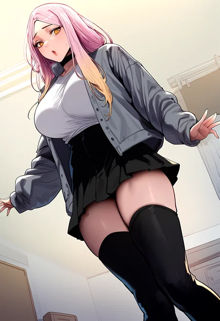 score_9, score_8_up, score_7_up, score_6_up, source_anime, rating_explicit, <lora:neg4all_bdsqlsz_V3.5:2.0>1girl, (solo:1.2), huge breasts, <lora:Kim Ranponyxl:1> pink hair, long hair, multicolored hair, blonde hair, gradient hair, yellow eyes, parted bangs, black choker, grey jacket, long sleeves, white shirt, black skirt, miniskirt, black thighhighs, surprised, Narrow shoulders, heavy breathing, steaming body, apartment, institute, indoors, looking at viewer,