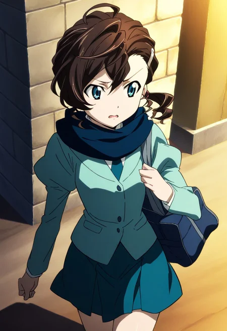 1girl,Inuyama Mana,GeGeGe no Kitarou,year 2019,solo,cowboy shot,evening,Stone wall,sidewalk,1 hair tie,worried,hanging 1 nylon school bag from own shoulder,walking,blue eyes,(navy scarf:1.2),school uniform,(white shirt:1.2),(juliet sleeves:1.2),(celadon blazer:1.4),(dark sea-green necktie),(dark sea-green skirt),(single hair intake:1.5),(wavy hair),(swept bangs) and (hair pulled back:1.2),hair between eyes,(low ponytail),Ahoge,(Brown) medium hair,sideburns, 1 silver hairpin,masterpiece, best quality, very aesthetic, absurdres