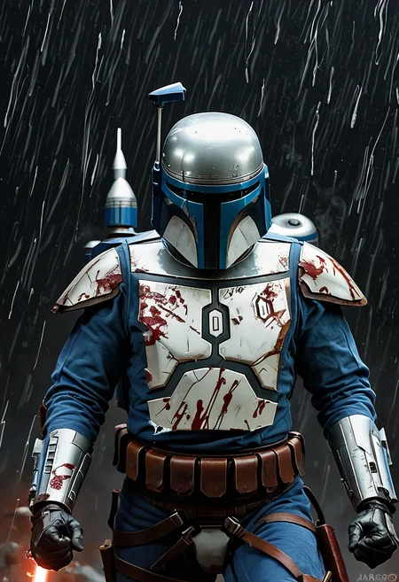 <lora:Jango-PXL:1.2> jango-pxl, jango fett, solo, black background, simple background, damaged, torn clothes, blood, rain, fighting stance, water, blue and red theme, spacecraft, smoke, sparkle,, score_9, score_8_up, score_7_up, score_6_up, score_5_up, score_4_up