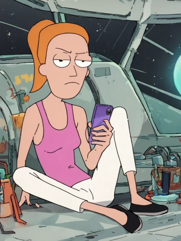 , looking at viewer, spacecraft,<lora:SummerPony1.0:1>,summer.smith, orange hair, 1girl, ponytail, solo, pink tank top, white pants, phone,text messaging,black footwear,bored, score_9, score_8_up, score_7_up, score_6_up