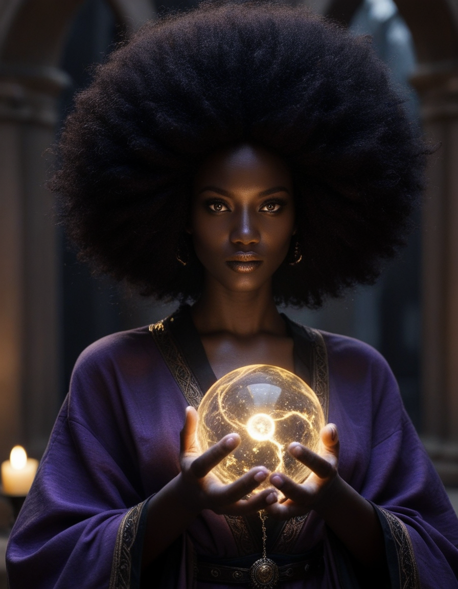 Mystical dark-skinned enchantress with glowing golden eyes, wearing a flowing black and purple robe with arcane symbols. Her voluminous afro is streaked with silver, and she holds a crackling energy orb. Dark fantasy atmosphere, cinematic lighting, ultra-realistic details, looking at viewer,
(ultra realistic, absurdres, best quality, very aesthetic, high quality), skin details, 4k, cinematic,
<lora:ebony_v2:1>