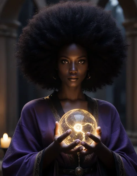 Mystical dark-skinned enchantress with glowing golden eyes, wearing a flowing black and purple robe with arcane symbols. Her voluminous afro is streaked with silver, and she holds a crackling energy orb. Dark fantasy atmosphere, cinematic lighting, ultra-realistic details, looking at viewer,
(ultra realistic, absurdres, best quality, very aesthetic, high quality), skin details, 4k, cinematic,
<lora:ebony_v2:1>