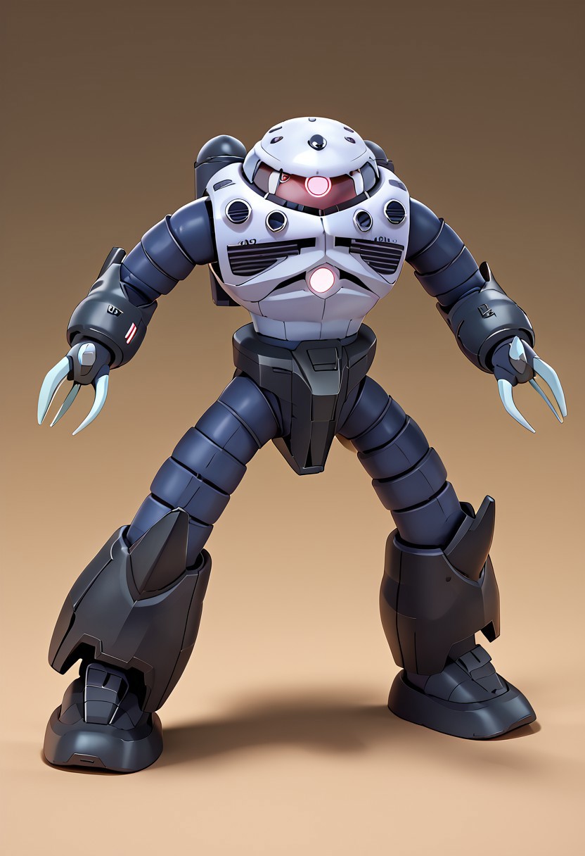 score_9, score_8_up, score_7_up, source_anime, front view, BREAK, ( zgok, pink monoeye, full body, one arm raised, looking at viewer, standing, ballast tanks on back, ) 1mech, mech focus, solo, BREAK, brown to beige gradient background,
