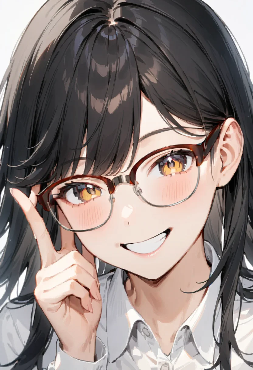 masterpiece, best quality, very aesthetic, absurdres,
1girl, solo, black hair, long hair,
sirmont16A, glasses,
collared shirt, happy, smile, looking at viewer, adjusting eyewear, white background, simple background,
<lora:glasses_sirmont2_SDXL_V1:1>