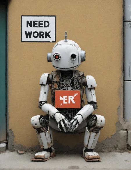 1 lonely sad robot detailed rusty, dusty sitting on the side of an alley wall, holding a sign that says " Need Work " (art by Tsutomu Nihei Mamoru Oshii ) graffiti all over the wall behind him