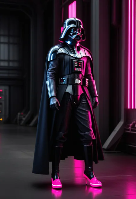 score_9, score_8_up, score_7_up, score_7, score_6_up, photo, detailed, full body, tack sharp, sharp focus, raw, realistic, highest quality, masterpiece, solo, Darth Vader in neon pink uniform, high heels, pink helmet on, very detailed dynamic Star Wars hangar as background, ((nsgzz, "BUZZ" (text), caps font, text focus, text, neon sign, white text, pink theme, glow)), d3t41l3d, full body