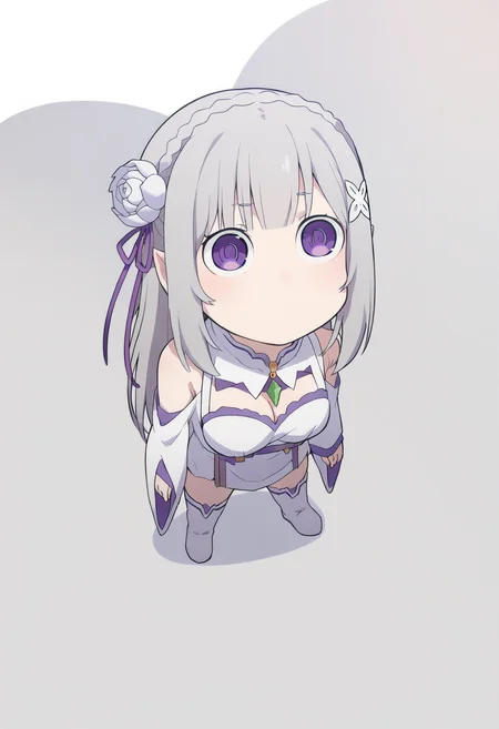 score_9, score_8_up, score_7_up, source_anime,
BREAK
<lora:shiEmiliaV2:1> shimilia, long hair, grey hair, pointy ears, crown braid, hair flower, hair ribbon, purple ribbon, x hair ornament, white dress, cleavage, bare shoulders, wide sleeves, white thighhighs, thigh boots,
<lora:shiBoobShadowMemeV2Continue20th:1>,
1girl, solo, shingleshadowmeme, purple eyes,
wide-eyed, solid circle eyes, no mouth, closed mouth,
boob shadow,
looking up, standing, full body,
simple background, white background, shadow, chibi, meme,