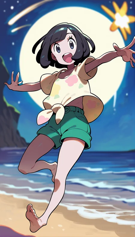 score_9,score_8_up,score_7_up,
highres,highly detailed,
<lora:selene:0.9>,pm_selene,
1girl,solo,black hair,short hair,bangs,
grey eyes,looking at viewer,open smile,
yellow short sleeves shirt,collarbone,tied shirt,a tank top worn under the shirt,
green shorts,
full body,barefoot,(dancing:1.1),
blurry background,vignetting,outdoors,beach,night,(starry sky:1.1),full moon,shooting star,light particles,glowing effect,