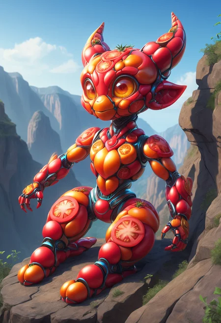A lying robot alien, mobe-tomamph, cute and adorable like a pixar movie extrem-close-up shot, outdoor, cliff, masterpiece, absurdres, vibrant, dynamic angle, dynamic pose, <lora:T0m4t0M0rph-V1:1>,