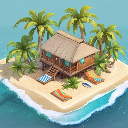 ((masterpiece, best quality)), absurdres, Isometric_Setting, highly detailed, Isometric_Setting, tropical beach and palm trees, tiny hut, ocean in background, <lora:Stylized_Setting_SDXL:0.8>