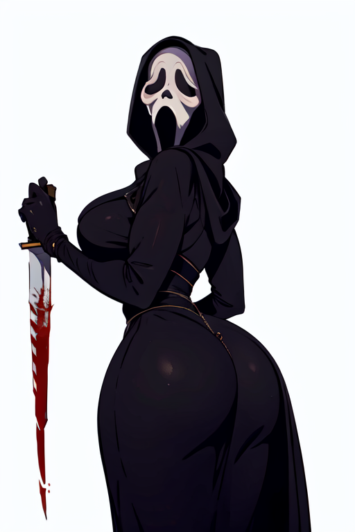 masterpiece,best quality,extreme detail,8k,white background,<lora:ghostface:0.8>,ghostface,1girl,solo,breasts,large breasts,simple background,gloves,dress,black gloves,hood,black dress,mask,hood up,long dress,holding knife,blood,ass,showing the ass