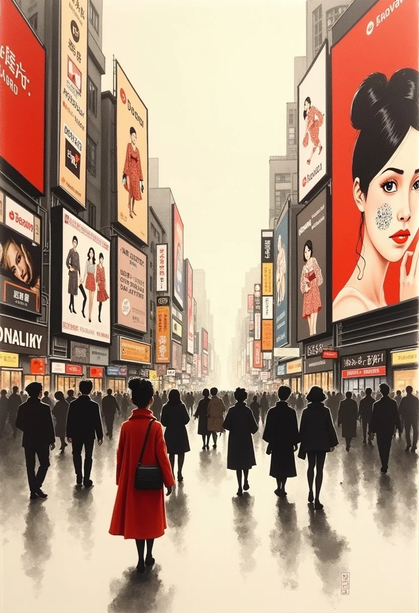 traditional japanese art style, ink on paper, busy city plaza in Akihabara or Shibuya, Tokyo, video advertising screens featuring women (models), henna and carmine, sepia, minimal brush strokes