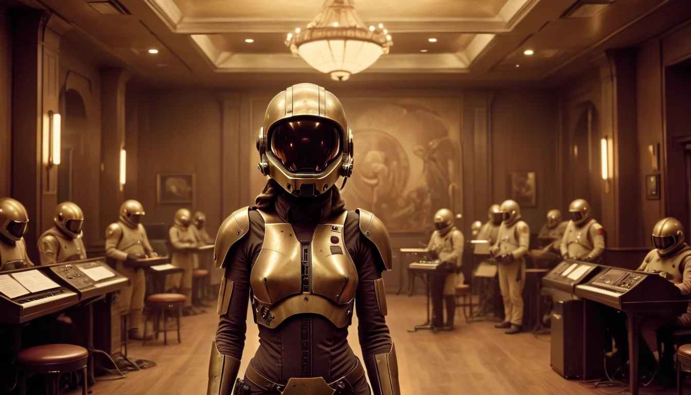<lora:2024-04-01 - mjhelmet - 64dim - LoRA.safetensors:1>, In a bustling 1940s jazz club, mhelmet artstyle person  takes the stage, her voice silencing the room, captured in soft sepia tones, exuding a sense of timeless elegance.