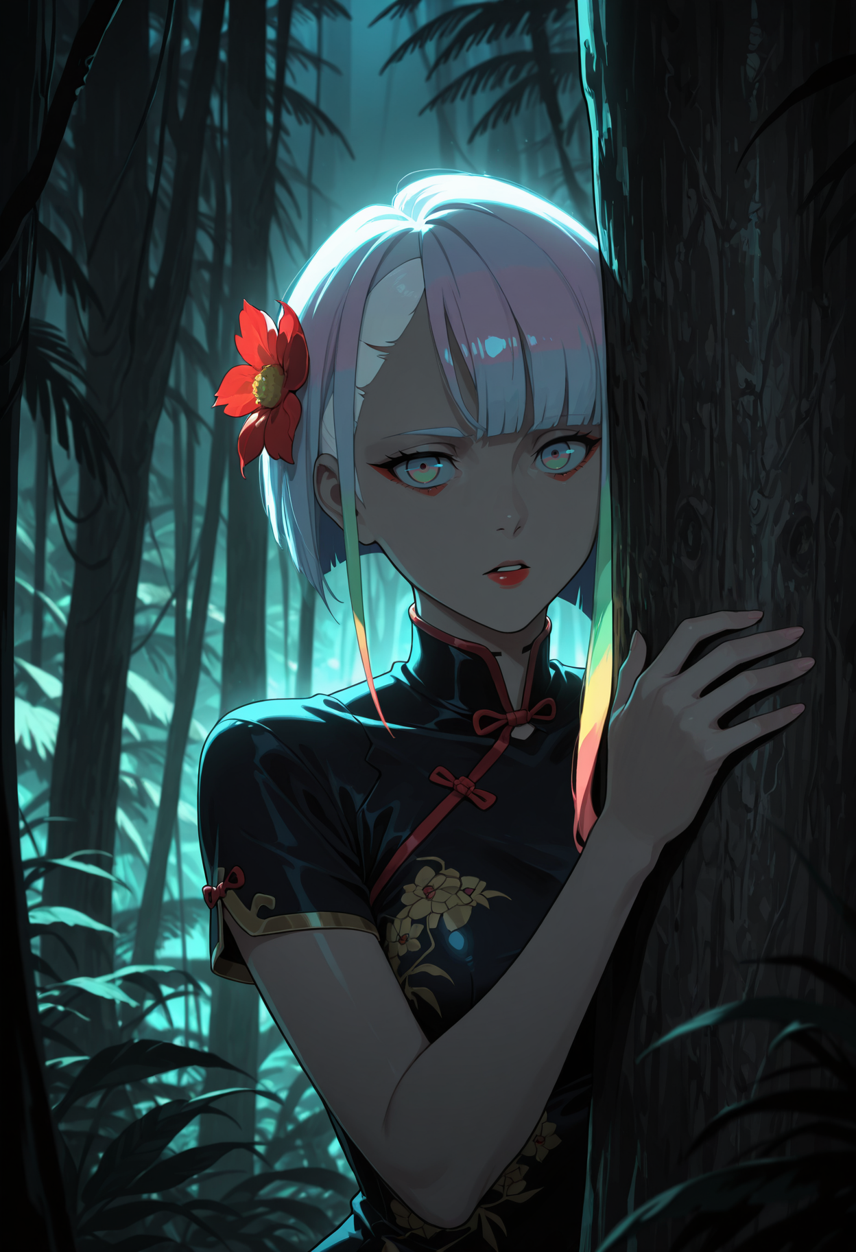 masterpiece, best quality, highres, absurdres, very awa, 1girl, solo, multicolored hair, asymmetrical hair, red eyeliners, red lips, china dress, chinese clothes, print dress, hair flower, jungle, outdoors, rainforest, nature, dark theme, peeking out, upper body, multicolored eyes, behind tree, dim lighting, dark background, backlighting, looking at viewer, blurry, blurry background, parted lips, cyberpunk