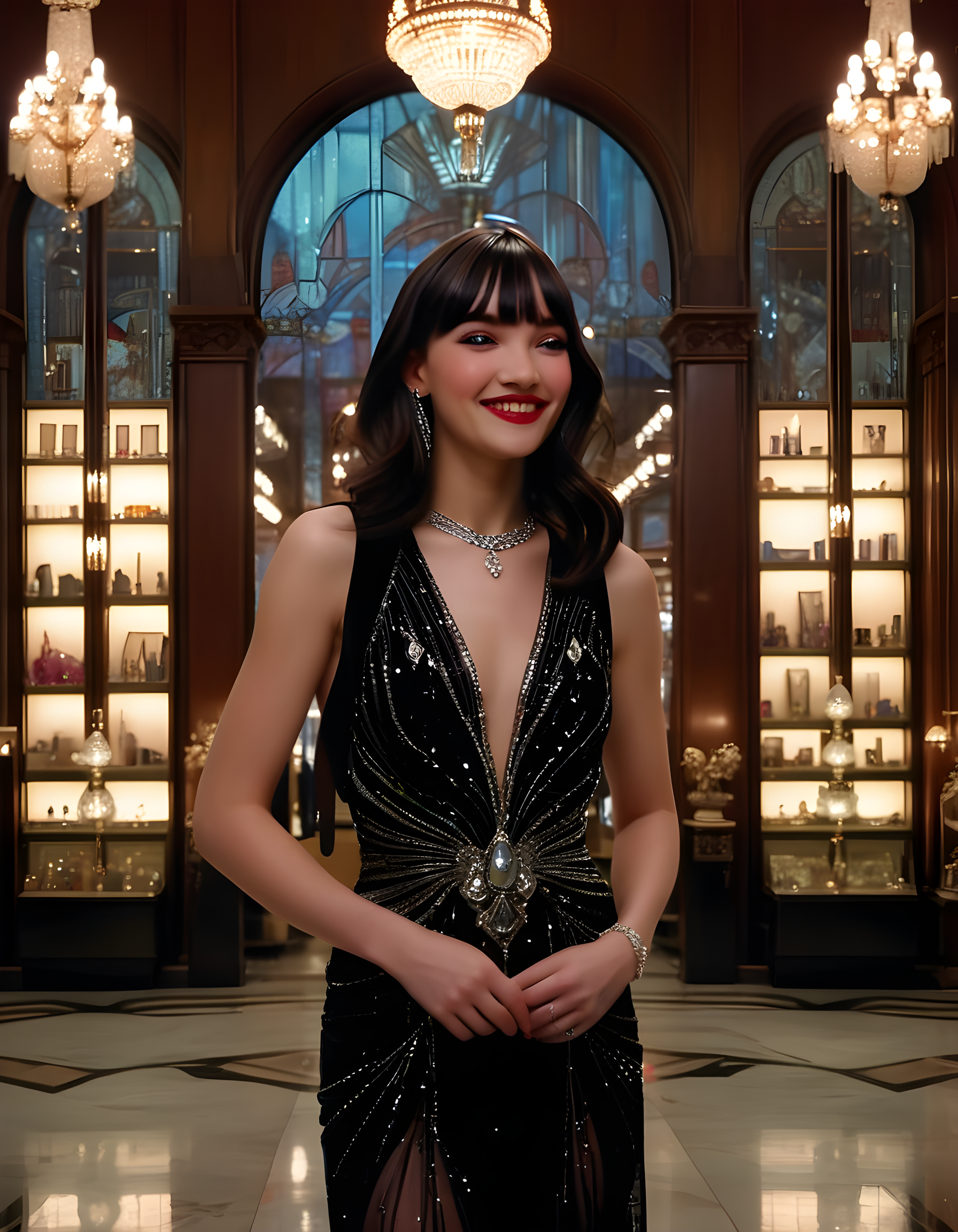 In a bustling, art-deco jewelers' atrium bathed in soft, warm ambient light filtering through stained glass windows, a captivating woman named K1MCWYT stands alone, her mood radiant and confident. She is posed slightly to the side, her blunt bangs framing her striking black eyes that glimmer with excitement. Her full lips curve into a subtle smile as she admires a pair of exquisite diamond earrings displayed on a velvet-draped pedestal, her raven tresses cascading down her back in loose waves. The background details include an intricate chandelier casting shimmering reflections on the polished marble floor, and a backdrop of towering, ornate shelves filled with a dazzling array of precious gems and antique jewelry boxes.
