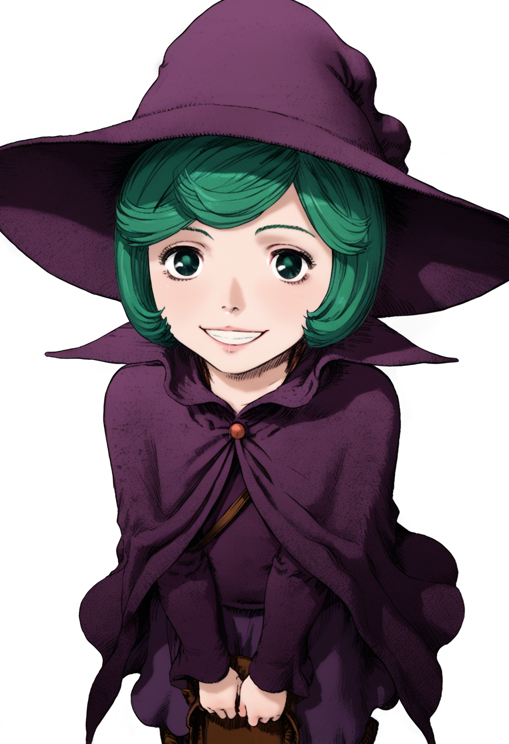 score_9, score_8_up, score_7_up, source_anime BREAK, 1girl, solo, white background,  <lora:DX888Schierke:1>, schierke, bob cut, green hair, green eyes, witch, witch hat, cloak, cowboy shot, smile,  v,from above,