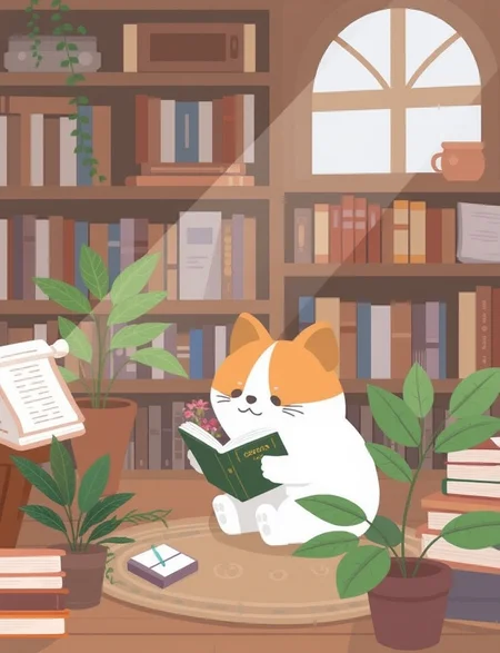 This image is a whimsical illustration featuring a white furry chibi ginger dog is reading a book in a study room full of books and shelfs and some plants