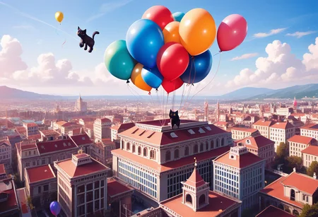 (masterpiece), (score_9, score_8_up, score_7_up,source_anime), best quality, ultra-detailed,24K, illustration, (Uncorrected), CG,
Latex,
Multiple balloons, huge balloon,
cat balloon, animal balloon, balloon cat, balloon animal,
modern city, rooftop,
