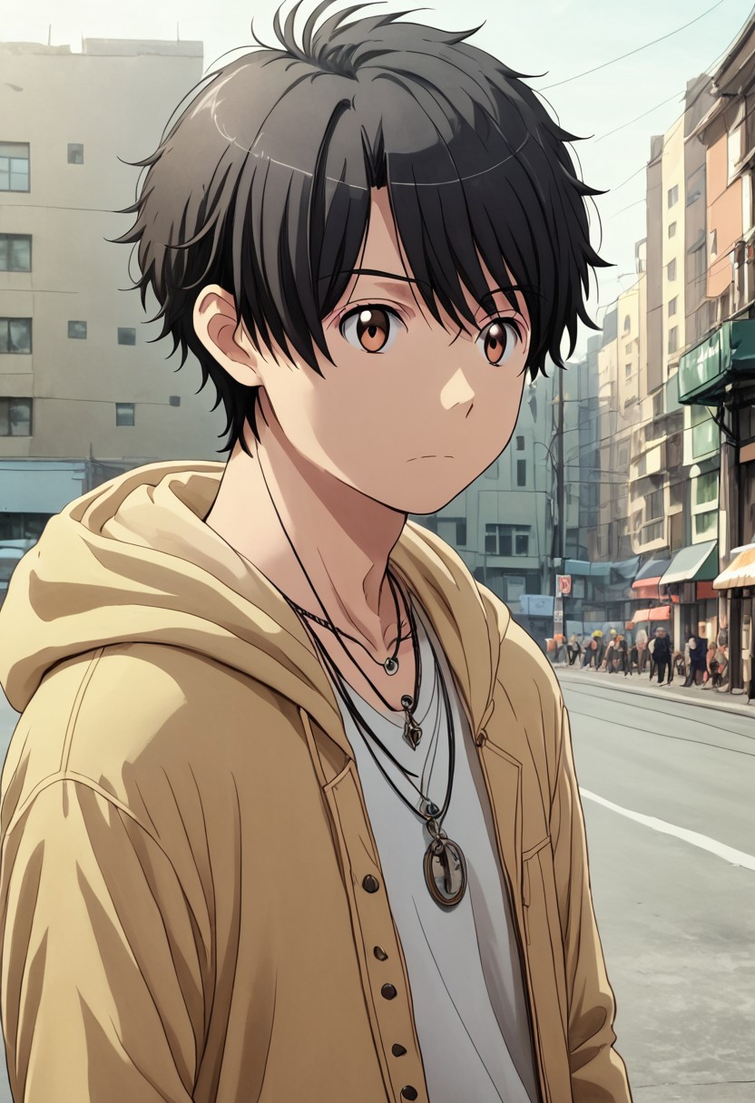 high resolution, solo, best quality, 1Boy, Inaho Kaizuka, Black hair, Brown Eyes, Bangs, Necklace, Hoodie, Casual, Photo Studio,