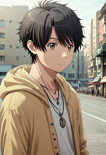 high resolution, solo, best quality, 1Boy, Inaho Kaizuka, Black hair, Brown Eyes, Bangs, Necklace, Hoodie, Casual, Photo Studio,