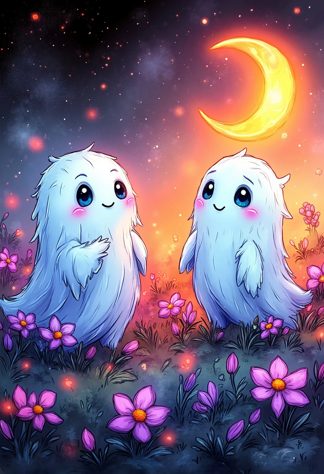 Two gentle ghost figures in a peaceful meadow full of soft pink flowers, illuminated by a glowing crescent moon in a starry sky, magical atmosphere with pastel hues and dreamy lighting, soft focus and vivid colors, fairy-tale-like composition