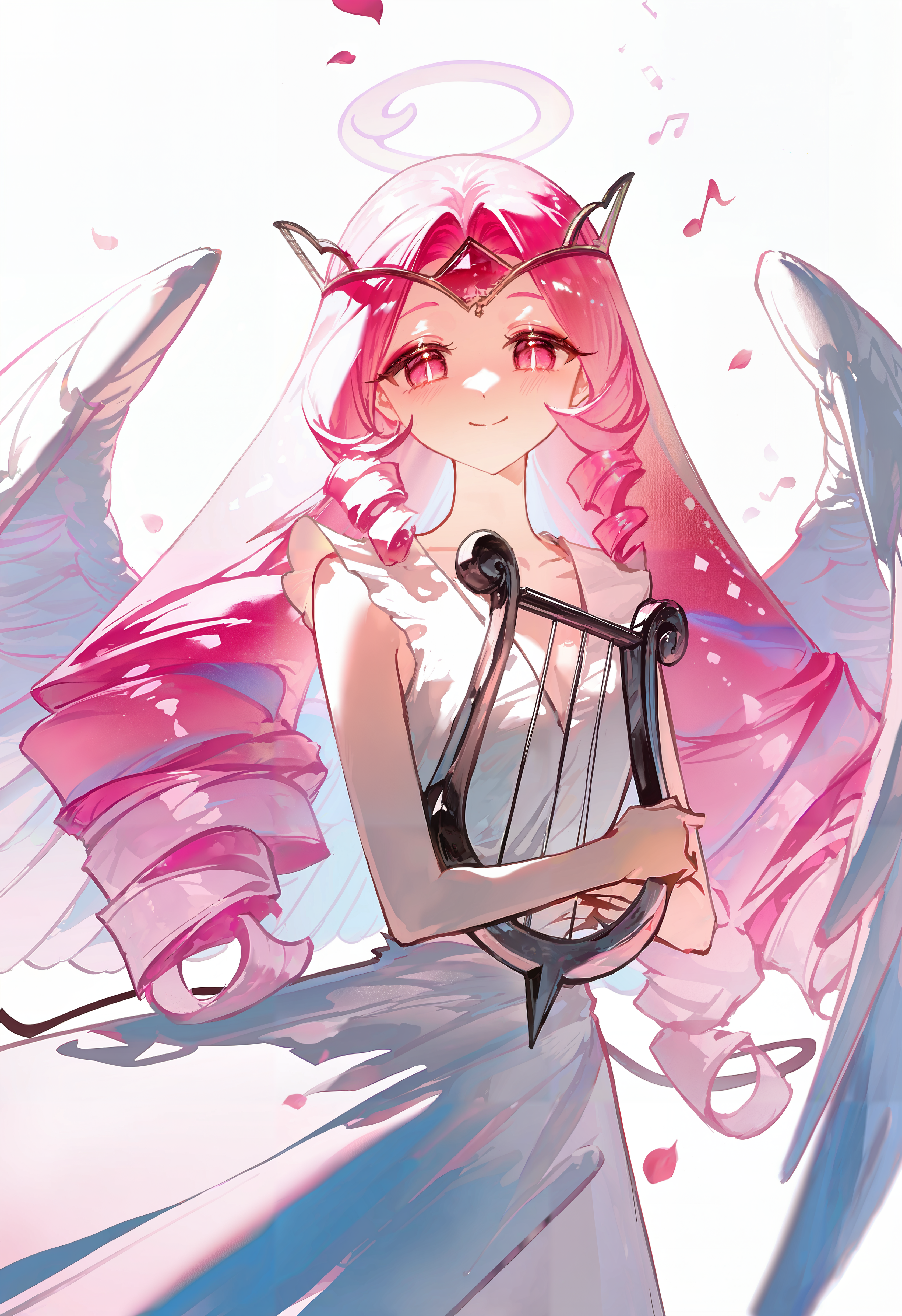 esucrk, year 2024, masterpiece, best quality, ultra-detailed, very aesthetic, very awa, newest, absurdres, highres, 1girl, pink hair, gradient hair, tiara, halo, parted hair, white dress, slit pupils, tail, sleeveless, smile, drill hair, wings, v neck, pink eyes, closed mouth, falling petals, rainbow, harp, musical note, upper body, white background, looking at viewer, close-up, dynamic composition, blurry, bokeh, feathers, bloom, rumoon, (redum4:0.75), konya karasue, dino \(dinoartforame\), rella, suzumi \(ccroquette\), pastel colors,