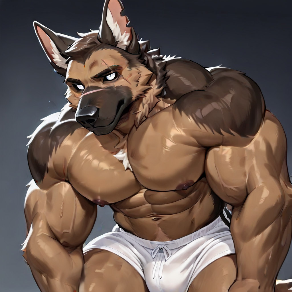 white short, white shorts, solo, brown fur, bodybuilder, 1boy, muscular male, scar, veiny, big cum, german shepherd, black sclera, masturbation, linear scar, brown balls, white eyes, clipped left ear, muscular, big penis, ear